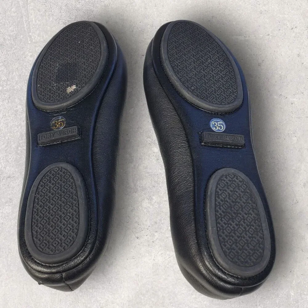 Tory Burch Womens Black Leather Shoes Size 5 Logo Minnie Travel Ballet Flats